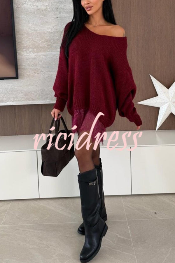 Comfy and Sweet Knit Lace Patchwork Hem Wide Neck Long Sleeve Loose Sweater