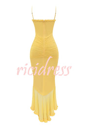 Retro Romantic Style Mesh Ruffle Trim Ruched Slit High Low Maxi Dress