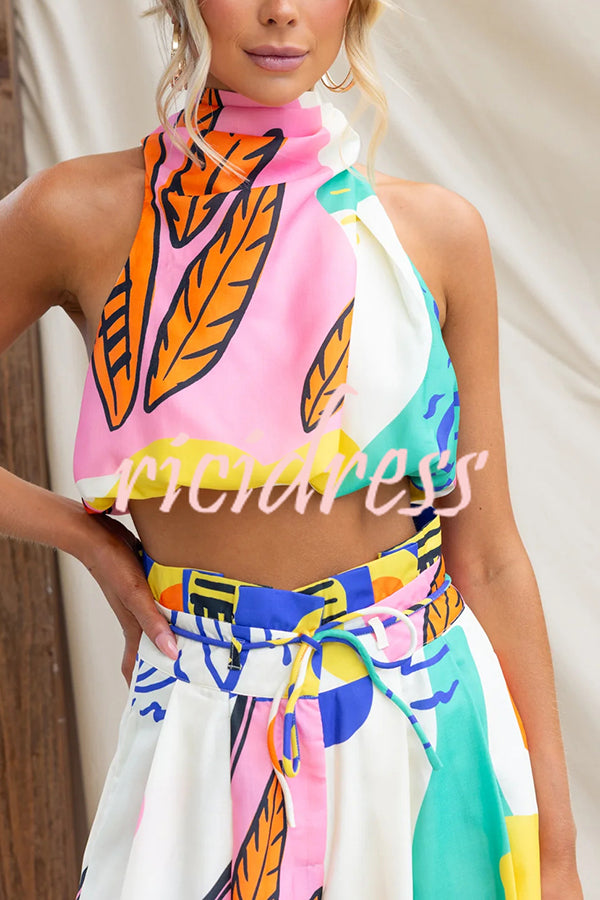 Maison Linen Blend Unique Print High Neck Top and Elastic Tie-up Waist Pocket Wide Leg Pants Set