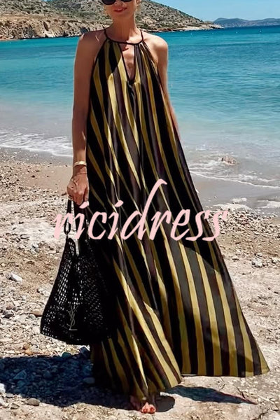 Striped Print V-Neck Loose Beach Vacation Maxi Dress