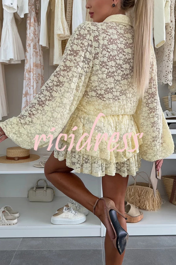 Nicola Lace Long Balloon Sleeve Blouse and Elastic Waist Layered Skort Set
