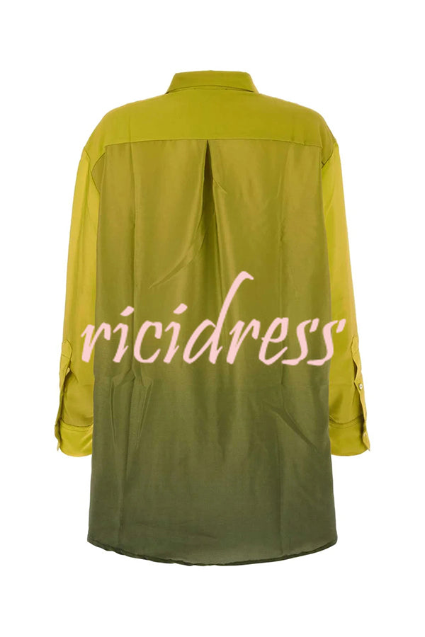 Moonlit Waltz Gradient Print Button Up Long Sleeve Loose Blouse