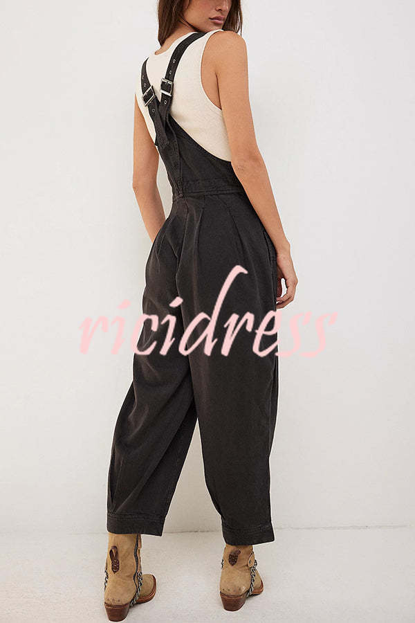 Fashionable Casual Side Pocket Button Loose Denim Overalls