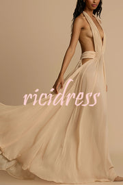 Ethereal Moment Tulle Cutout Ruched Waist Backless Halter Maxi Dress