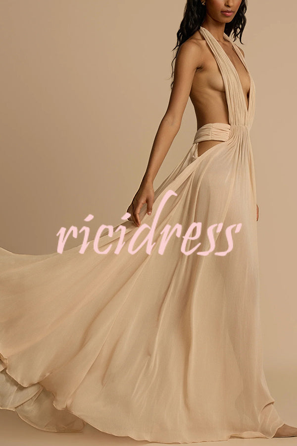 Ethereal Moment Tulle Cutout Ruched Waist Backless Halter Maxi Dress