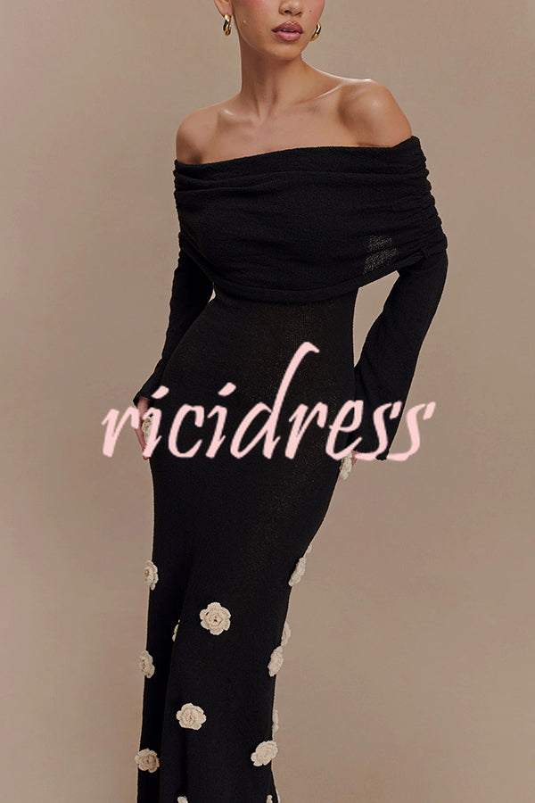 Timeless Sophistication Knit Off Shoulder Rose Detail Stretch Maxi Dress