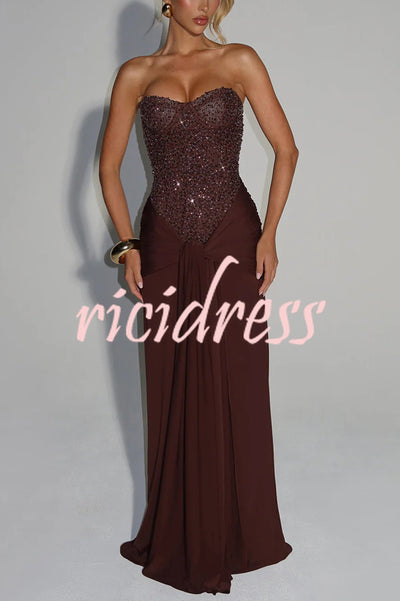 Carina Sequined and Satin Jersey Off Shoulder Ruched Knot Drape Maxi Dress