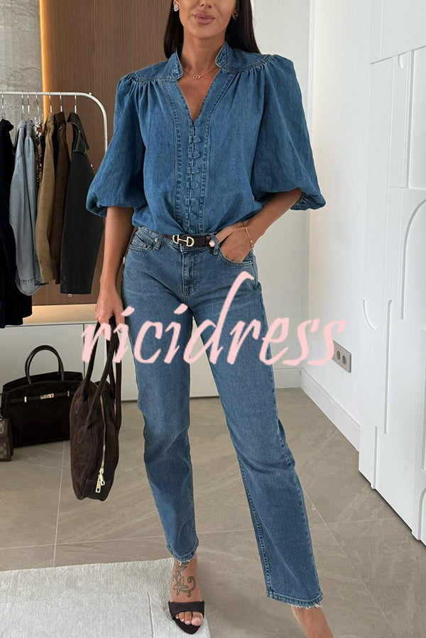 Fashion V-neck Button-down Lantern Sleeve Casual Denim Shirt