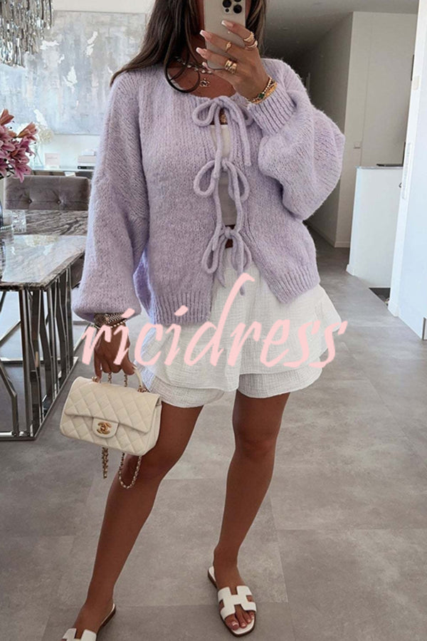 Solid Color Long-sleeved V-neck Lace-up Loose Knitted Sweater