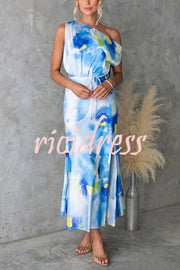 Satin Unique Print One Shoulder Tie Waist Slit Maxi Dress