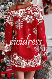 Christmas Snowflake Cold Shoulder Loose Sweatshirt Mini Dress