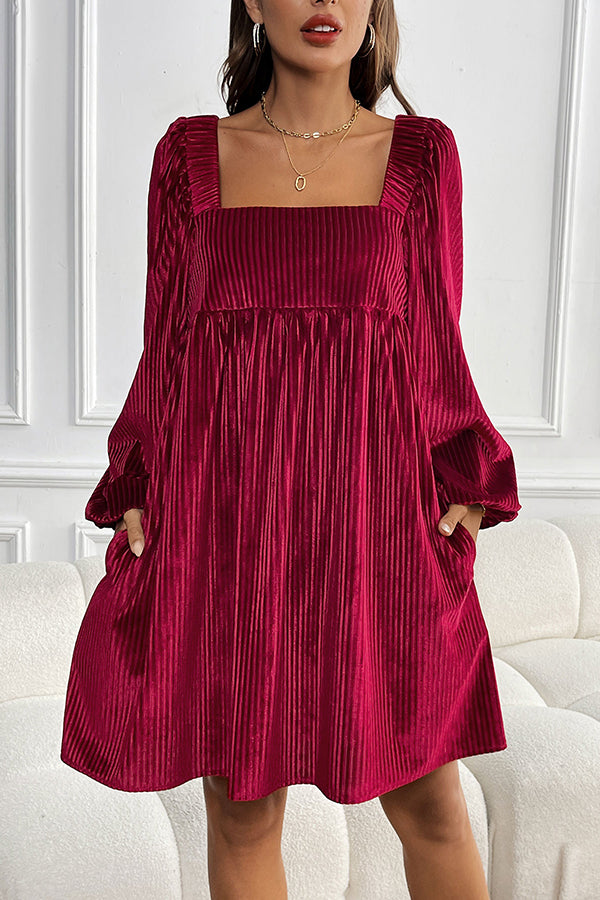 Solid Color Velvet Square Neck Long Sleeve Pocket Casual Mini Dress