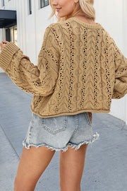Solid Color Loose Long-sleeved Openwork Cable Knit Sweater