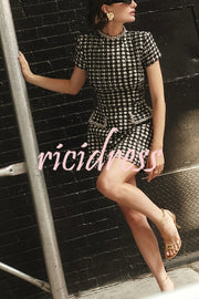 Eve Check Bouclé-tweed Fabric Pearl Trim Short Sleeve Pocketed Mini Dress