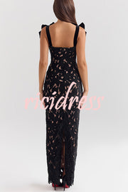 Holiday Intimacy Embroidered Floral Lace Bow Shoulder Straps Slit Maxi Dress