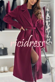 Solid Color Lapel Long Sleeve Waist Tie Long Coat