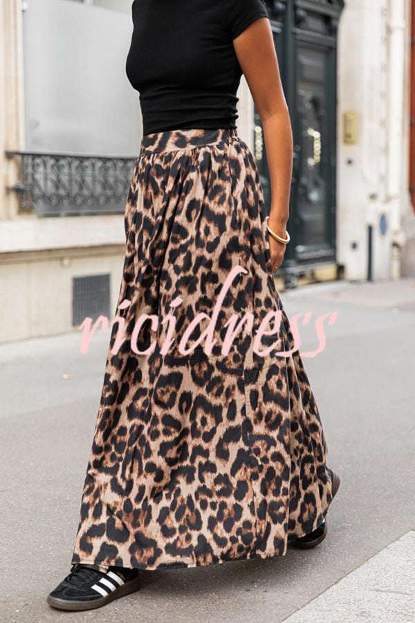 Leopard Print Pocket Pleated Hem Maxi Skirt