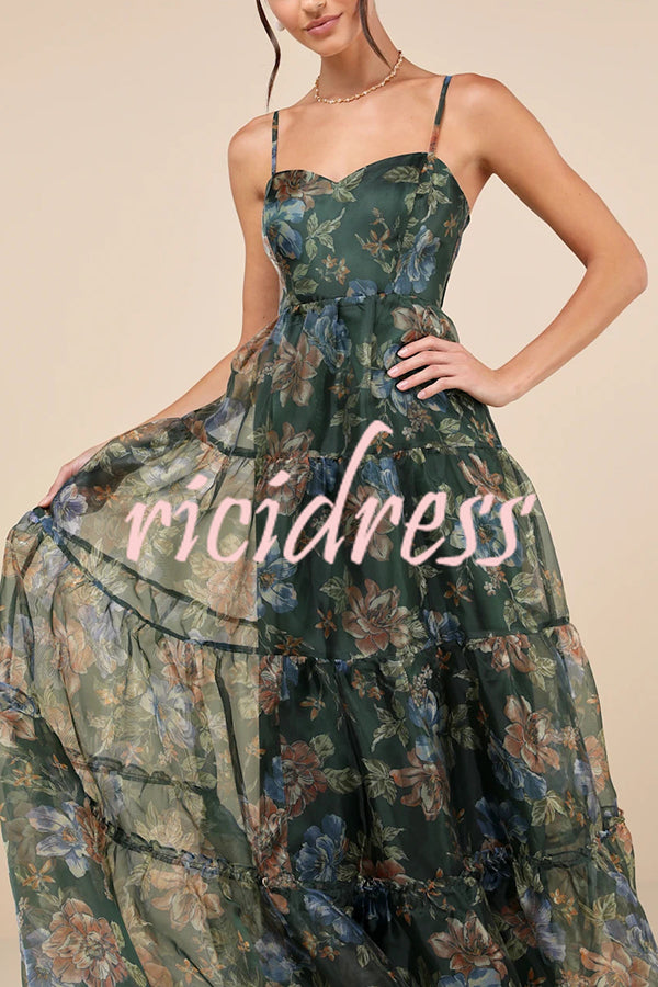 Exclusive Glamour Organza Floral Print Tiered Slip Maxi Dress
