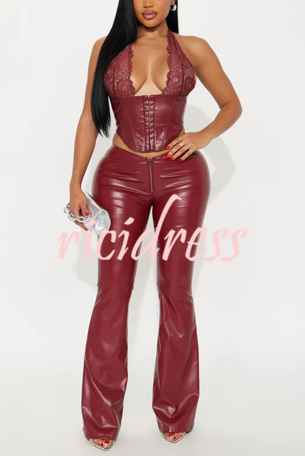 Style Challenge Stretch Faux Leather Lace Halter Tank and Zipper Waist Flare Pants Set