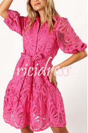 Solid Color Lace Cutout Balloon Sleeves and Waist Tie Mini Dress