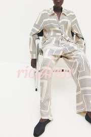 Unique Print Lapel Long Sleeve Loose Shirt and Elastic Waist Casual Pocket Wide Leg Pants Set