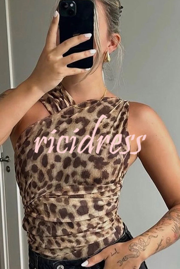 Absolute Trend Mesh Leopard Asymmetric Ruched Stretch Bodysuit