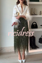 Party Crasher Feather Trim Long Sleeve Button Up Loose Blouse