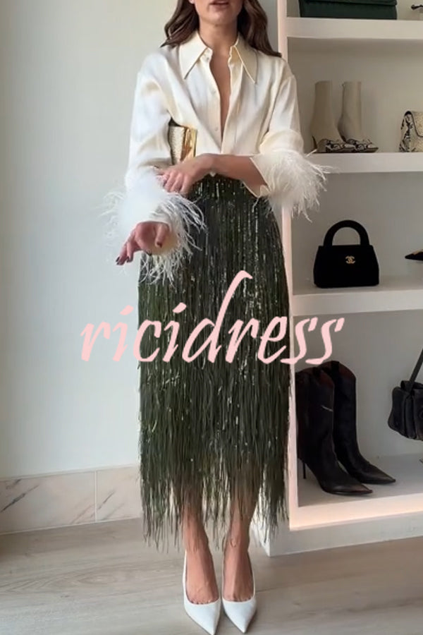 Party Crasher Feather Trim Long Sleeve Button Up Loose Blouse