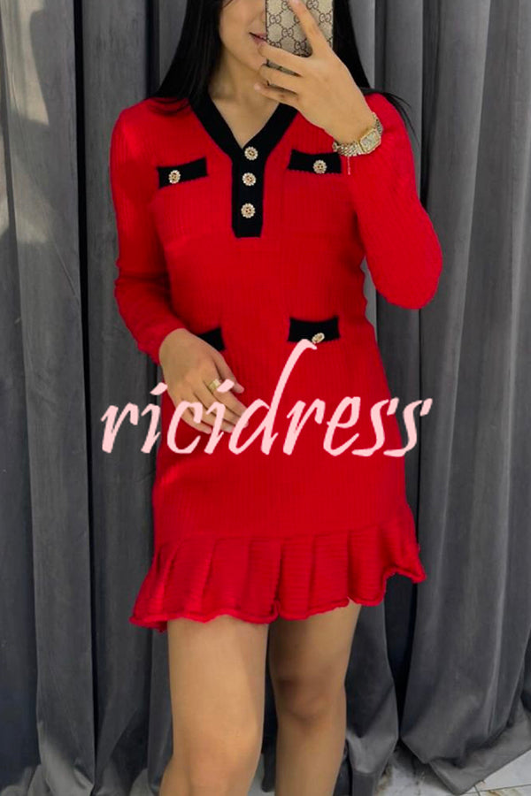 Stylish Waffle Contrast V-neck Ruffled Knitted Mini Dress