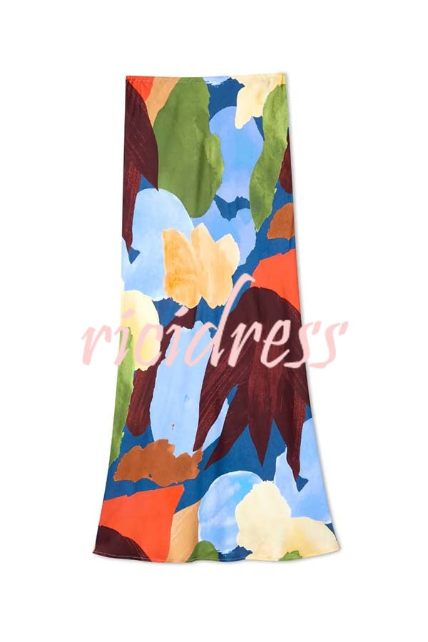 Bright and Bold Satin Abstract Color Blocks Print Elastic Waist Drape Maxi Skirt
