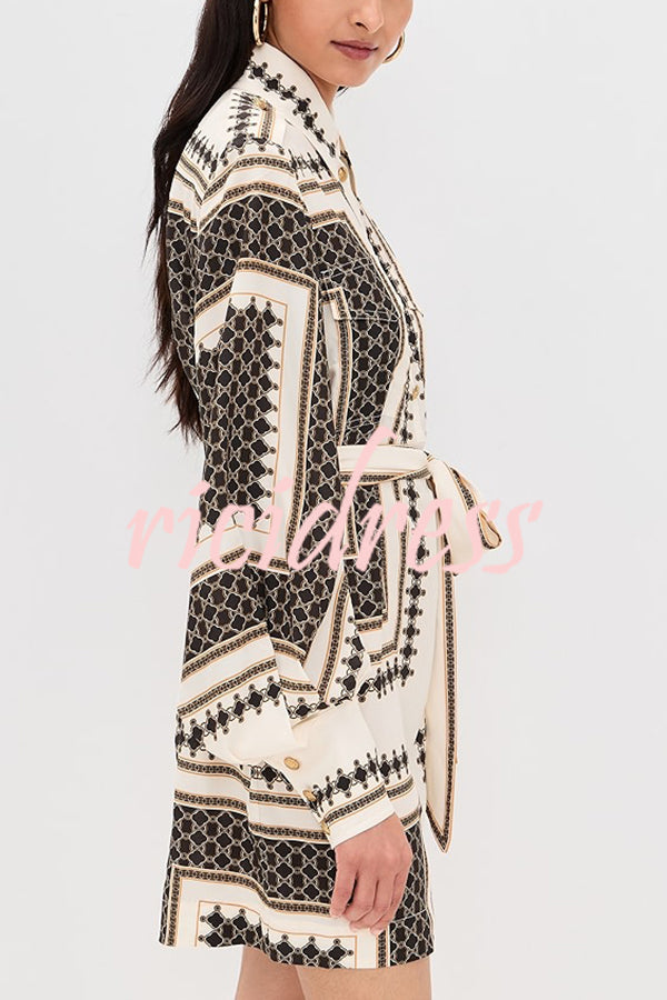 Hildie Unique Print Epaulettes Long Sleeve Flap Pockets Tie-up Waist Shirt Mini Dress