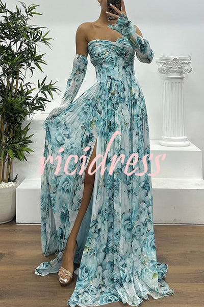 Reina Chiffon Floral Print Pleated Bodice Split Sleeve Strapless Slit Maxi Dress