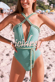 Sexy V-neck Cross-tie Elastic One-piece Swimsuit