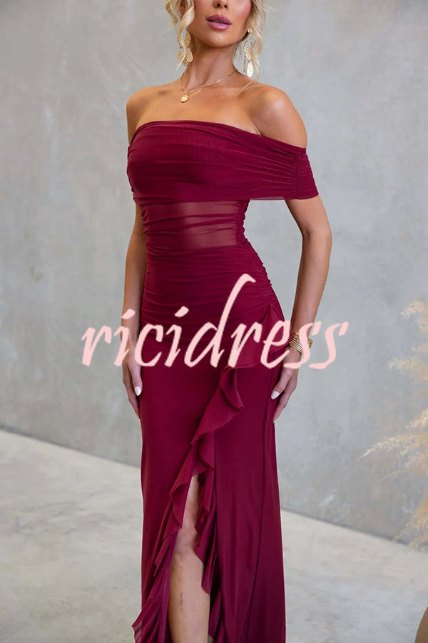 Sexy Mesh Off-shoulder Slim Fit Ruffled Slit Maxi Dress
