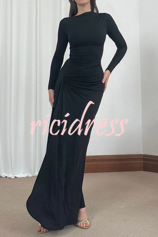 Venus Long Sleeve Ruched Side Slit Drape Ruffles Back Lace-up Stretch Maxi Dress