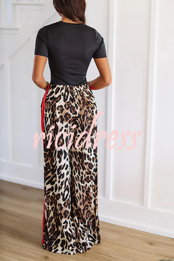 Leopard Print Elastic Waist Pocket Loose Wide Leg Pants