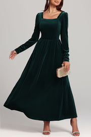 Solid Color Velvet Square Neck Long Sleeve Elegant Maxi Dress