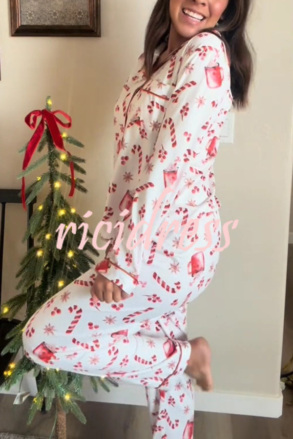 Christmas Candy and Drink Printed Long-sleeved Shirt and Elastic Waist Pocket Pants Set