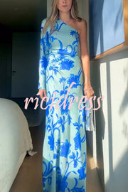 Satin Botanical Print One-Sleeve Resort Maxi Dress