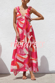 Unique Printed V-neck Ruffled Straps Pleated Back Maxi Dress