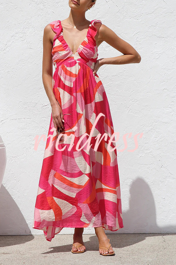 Unique Printed V-neck Ruffled Straps Pleated Back Maxi Dress