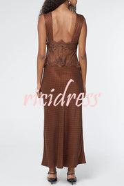 Wonderful Fusion Satin Lace Trim Poka Dot V-neck Drape Maxi Dress