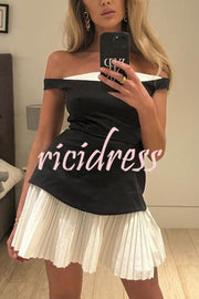 Love Unscripted Patchwork Off-shoulder Sleeveless Pleated Mini Dress