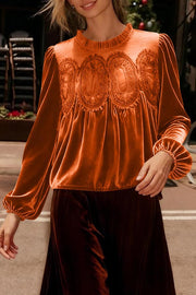Fashionable Velvet and Lace Patchwork Loose Long-sleeved Top