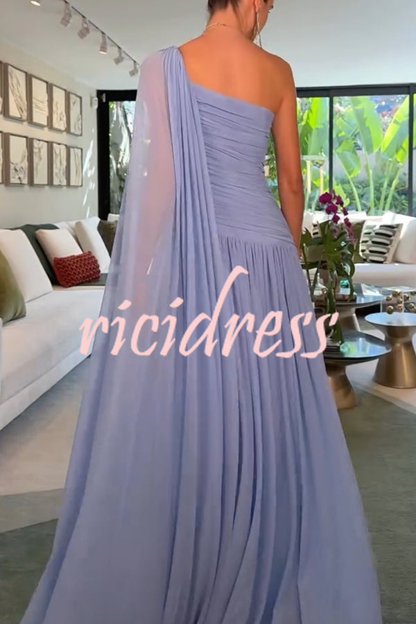 End of Light Chiffon One Shoulder Single-sleeve Shawl Ruched Maxi Dress
