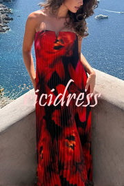For Every Occasion Satin Pleated Floral Print V-wire Bandeau Neck Maxi Dress