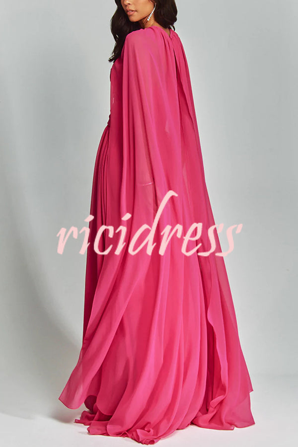 Romantic Party Chiffon Off Shoulder Sweetheart Neck Ruched Cape Maxi Dress
