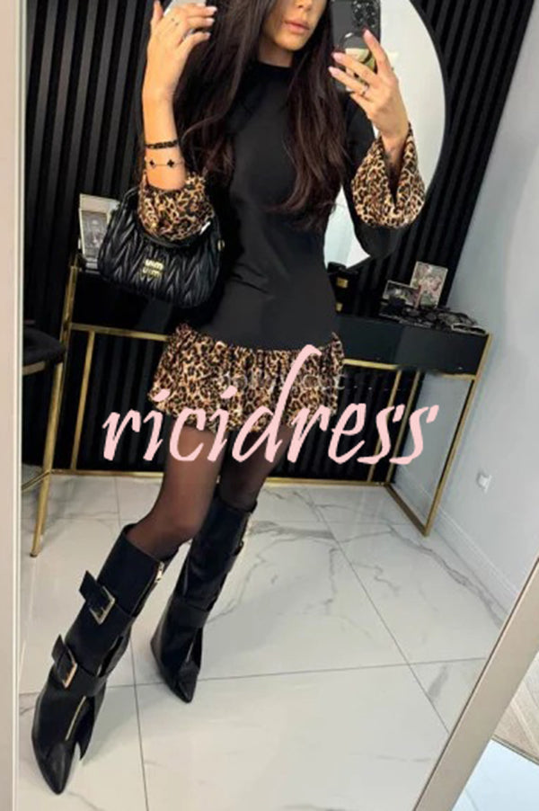 Fashionable Splicing Leopard Print Bell Sleeve Stretch Mini Dress