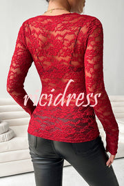 Solid Color Lace V-neck Long-sleeved Slim-fit Top