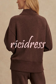 Meet The Autumn Ribbed Zipper Neck Sweatshirt and Elastic Waist Pocketed Loose Pants Set